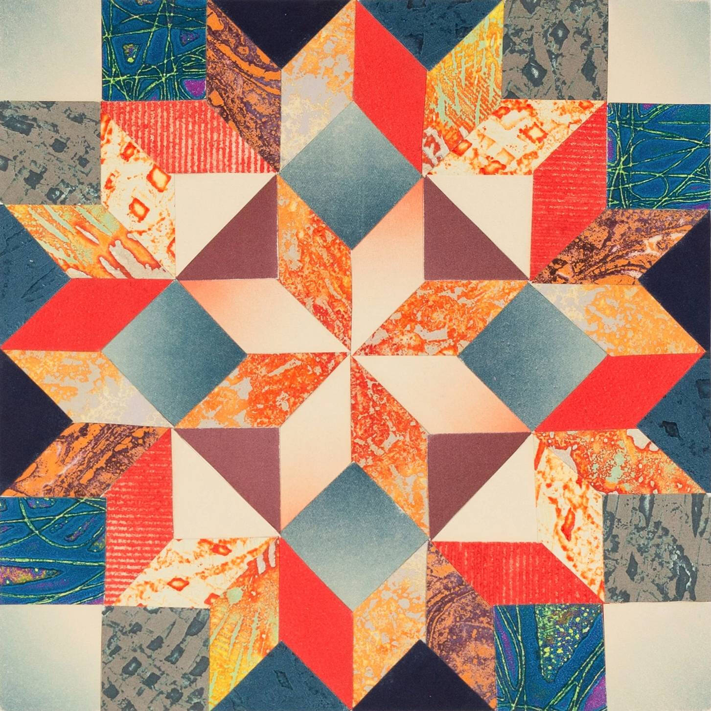 Colorful print that looks like a quilt.